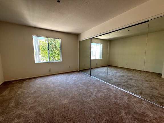 A room with a carpeted floor and a large window.
