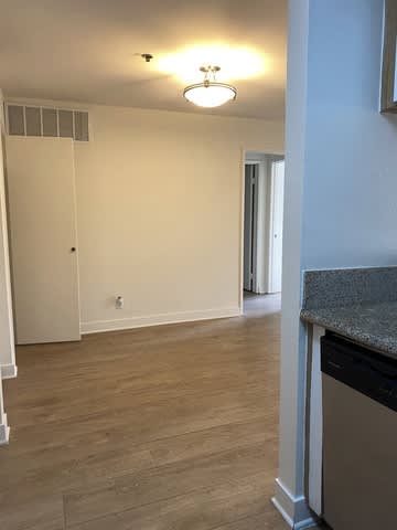 A kitchen with a dishwasher and a wooden floor.