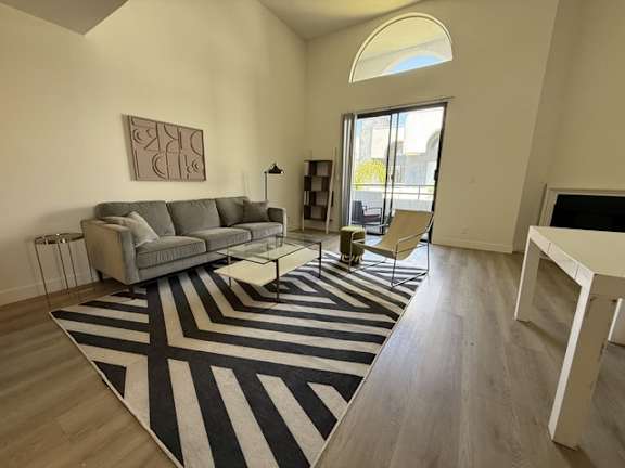 A living room with a grey sofa and a black and white striped rug.