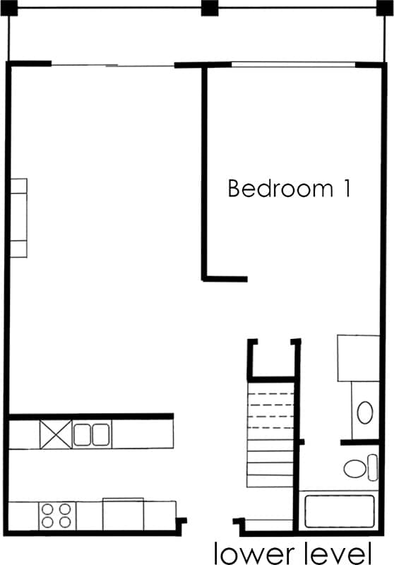 A floor plan of the lower level of a 2 bedroom penthouse loft apartment.