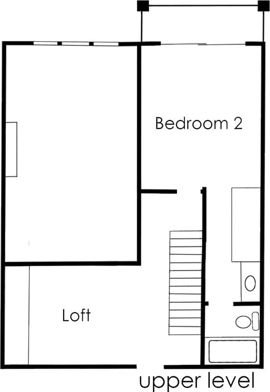 A floor plan of the upper level of  a 2 bedroom penthouse loft apartment