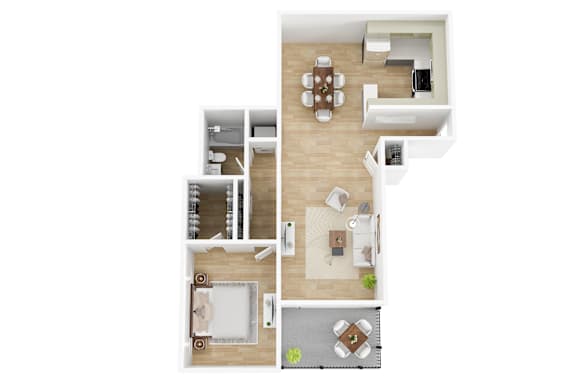 A modern 3d floor plan of a 1 bedroom 1 bathroom apartment with furnitures at 12110 Rochester, Los Angeles, CA.