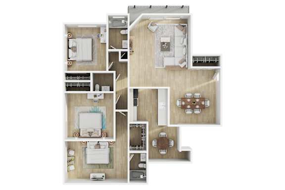 A modern 3d floor plan of a 3  bedroom 3 bathroom apartment with furnitures at 12110 Rochester, Los Angeles, CA.