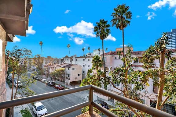 A balcony view of a residential area with palm trees.
