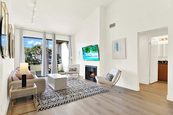 A living room with a fireplace and a television.