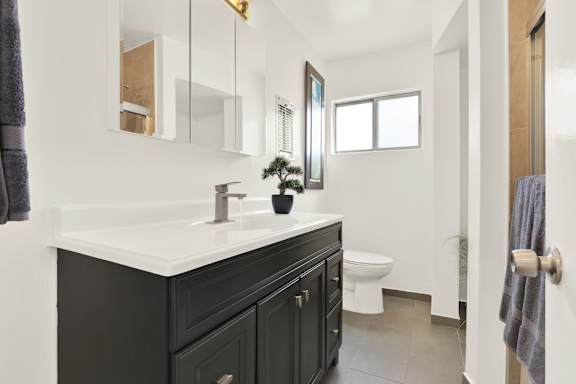 A bathroom with a white sink and black cabinetry.