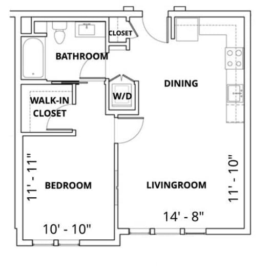 A floor plan of an apartment with a bedroom, living room, and bathroom.