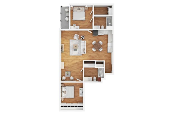 A modern 3d floor plan of a 2 bedroom 2 bathroom apartment with furnitures.