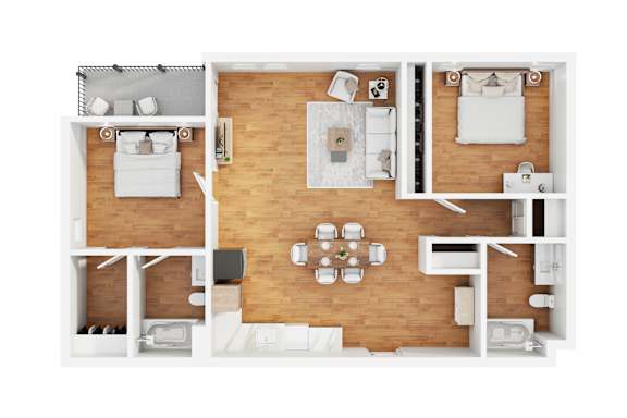 A modern 3d floor plan of a 2 bedroom 2 bathroom apartment with furnitures.