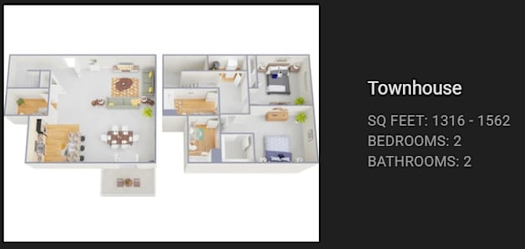 A diagram of a townhouse with two bedrooms and two bathrooms.
