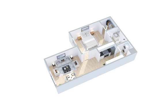 A 3D model of a house with two floors and a basement.