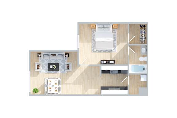 A floor plan of a house with a kitchen, living room, and bathroom.