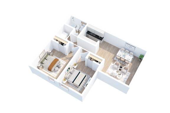 A white and wood floor plan of a house with a kitchen, living room, and two bedrooms.