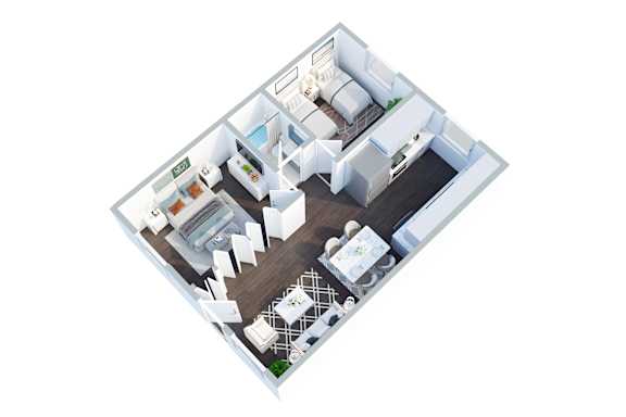 A 3D floor plan of a house with a kitchen, living room, and bedrooms.
