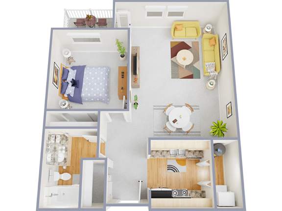 A top-down view of a small apartment with a bedroom, living room, kitchen, and bathroom.