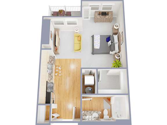 Floor Plan  A top-down view of a small apartment with a kitchen, living room, and bedroom.