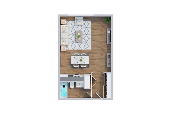 Floor Plan  A top-down view of a kitchen with a dining table and chairs.