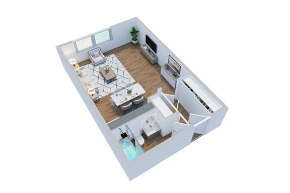 A 3D rendered image of a modern apartment layout.