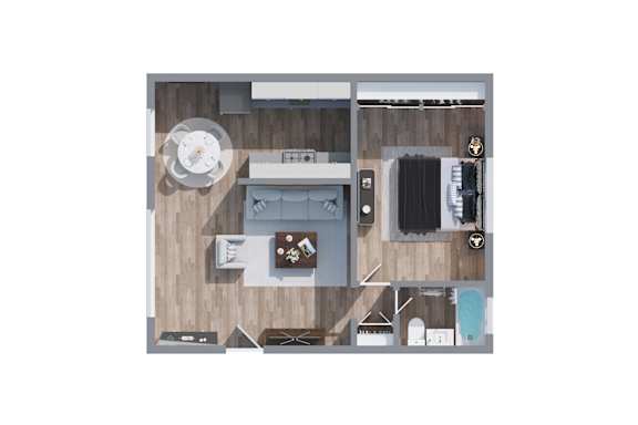 A top-down view of a small apartment with a kitchen, living room, and bathroom at Sylvan Gardens,Van Nuys,CA,91401
