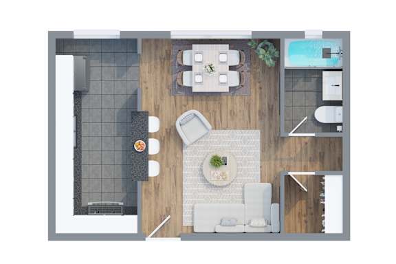 A top-down view of a modern living room with a kitchen area.