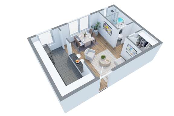 A 3D rendered image of a modern apartment layout.