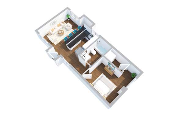 A 3D floor plan of a house with a living room, kitchen, dining room, and two bedrooms.