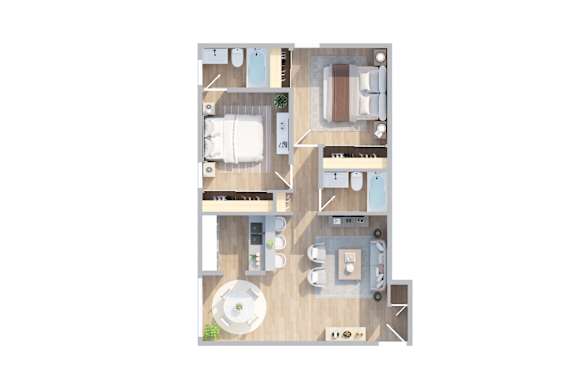 2 Bed Floorplan at Oxnard Plaza, North Hollywood, CA, 91606