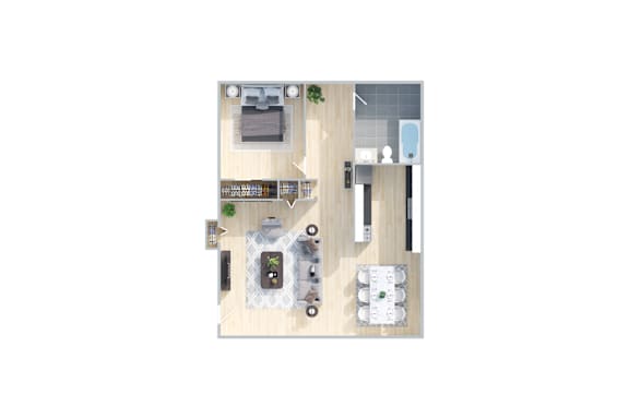 A top-down view of a kitchen with a dining table and chairs.