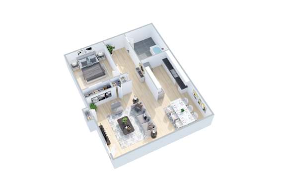 A 3D floor plan of a small apartment with a kitchen, living room, and bedroom.