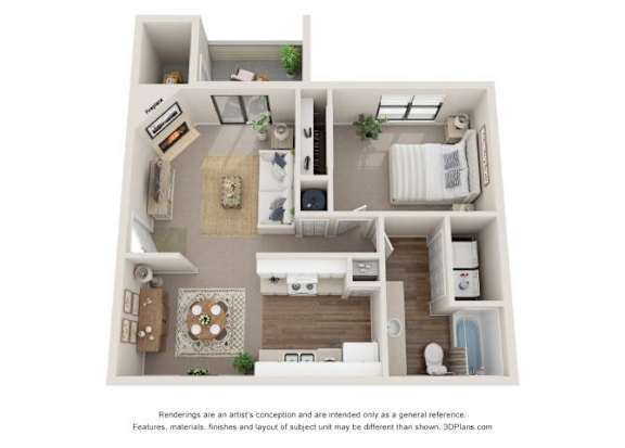 A 3D floor plan of a small apartment with a kitchen, living room, and bathroom.