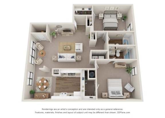 A 3D floor plan of a house with a living room, kitchen, dining room, and bedrooms.