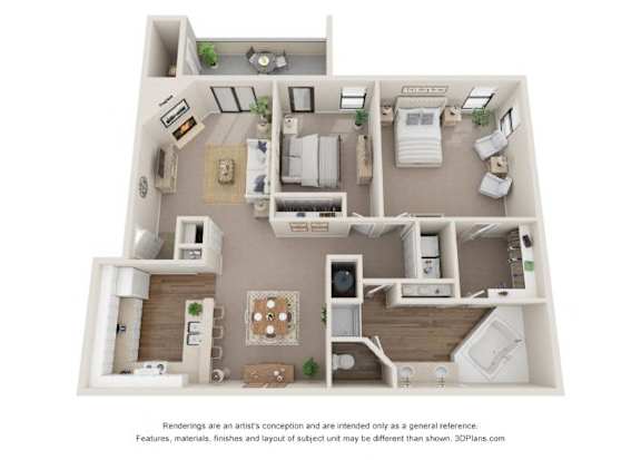 A 3D floor plan of a house with a living room, kitchen, dining room, and bedrooms.