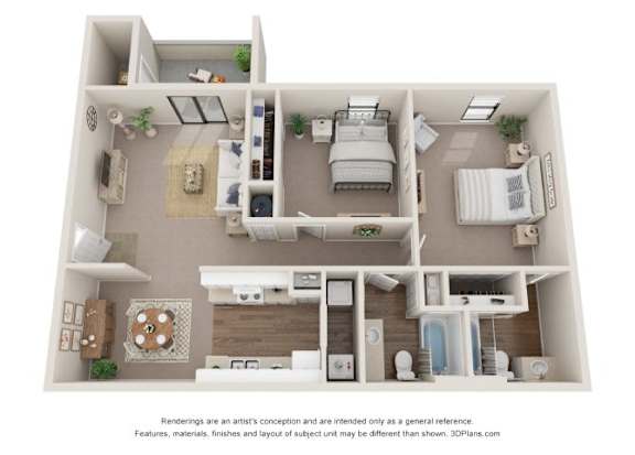 A 3D floor plan of a house with a kitchen, living room, and bedrooms.