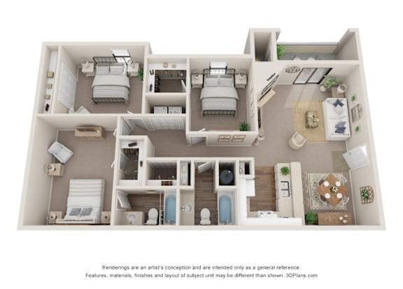 A 3D floor plan of a house layout.