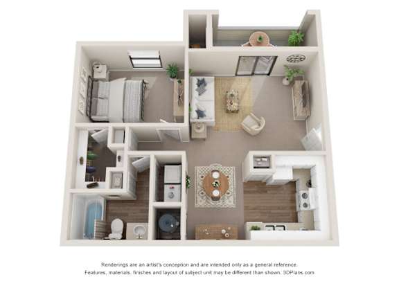 A 3D floor plan of a house with a kitchen, living room, and bedrooms.