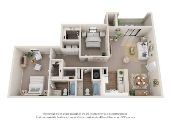 A 3D floor plan of a house with a kitchen, living room, and two bedrooms.