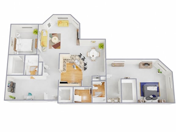 A floor plan of a house with a kitchen, living room, and two bedrooms.