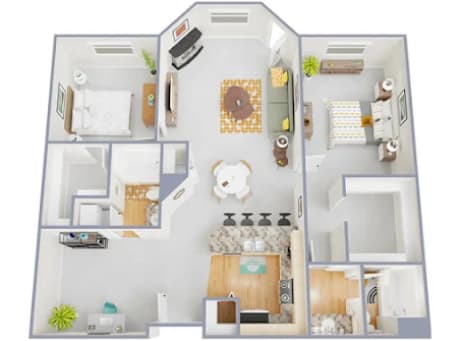A 3D floor plan of a house with a kitchen, living room, and two bedrooms.