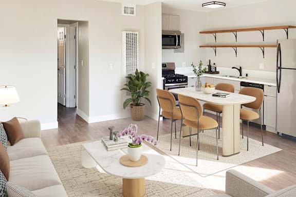 Modern living room with white sofa at Wilson Apartments, Glendale, CA