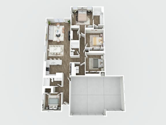 A floor plan of a house with a kitchen, living room, and bedrooms.