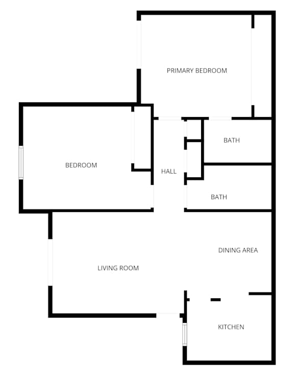 A floor plan of a house with a living room, dining area, kitchen, two bedrooms, and two bathrooms.