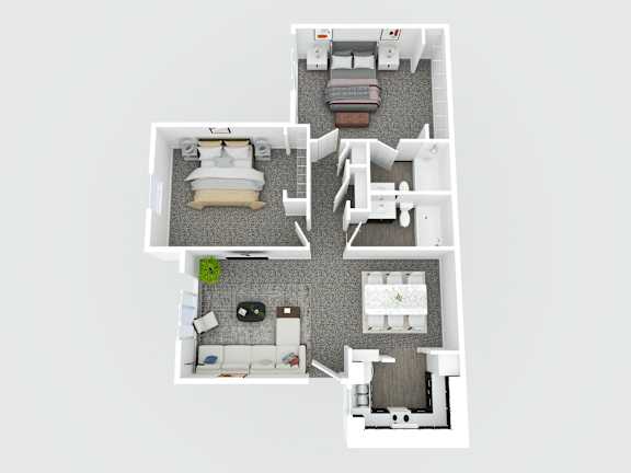 A floor plan of a house with two bedrooms, a living room, a kitchen, and a bathroom.