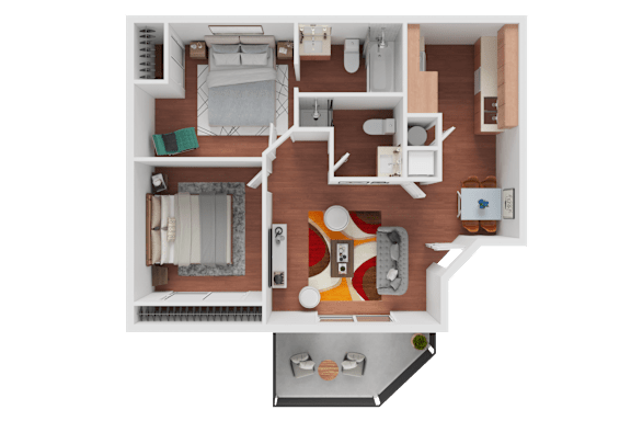 A detailed floor plan of a small apartment with a kitchen, living room, and bathroom.