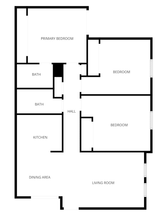 A floor plan of a house with a living room, dining area, kitchen, two bathrooms, a hall and three bedrooms.