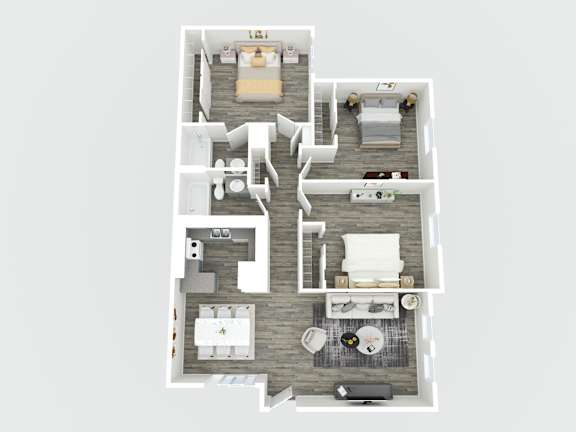 A top-down view of a house layout with multiple rooms and furniture.