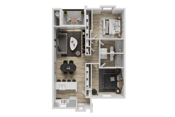 A 3D floor plan of a small apartment with a kitchen, living room, and bathroom.