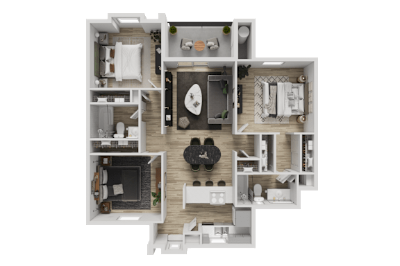 A 3D floor plan of a house with a kitchen, living room, and bathroom.