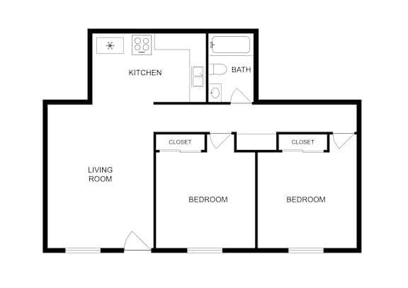 A floor plan of a house with a kitchen, living room, two bathrooms, and two bedrooms.