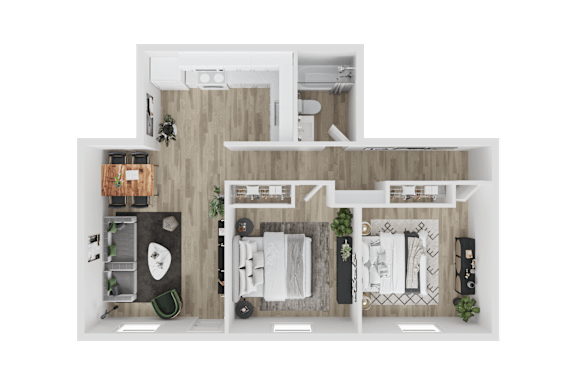 Floor Plan  A top-down view of a modern apartment layout with a kitchen, living room, and two bedrooms.
