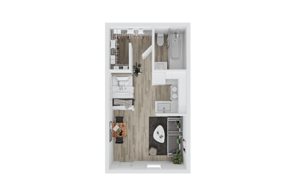 Floor Plan  A top-down view of a small, neatly organized apartment.